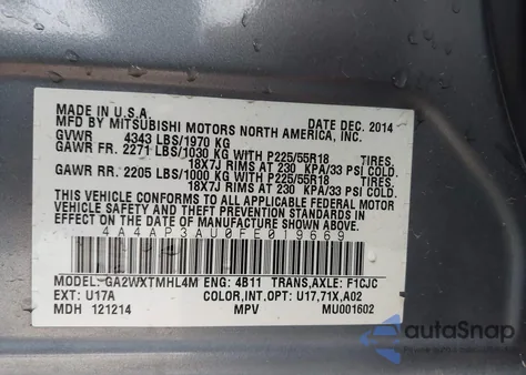 2015 Mitsubishi Outlander Sport Es from USA, damaged, VIN 4A4AP3AU0FE019669